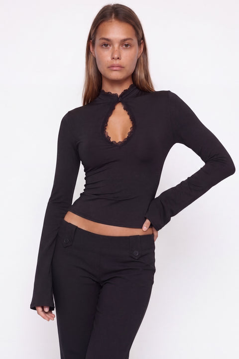 Black Lace-Trim Keyhole Long-Sleeve Top