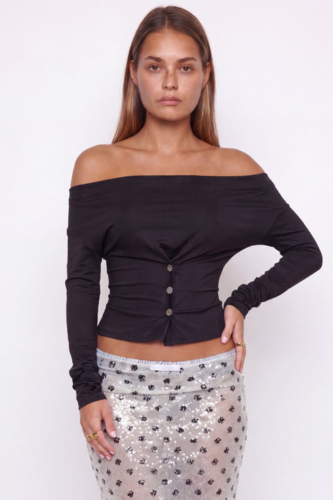 Off-The-Shoulder Button-Front Long-Sleeve Top