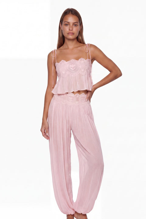Pink Lace-Trimmed Crop Top and Pleated Harem Pants Set