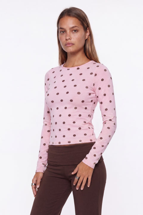 Polka Dot Print Crewneck Long Sleeve Top