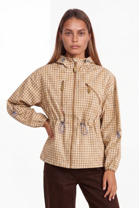 Gingham Check Zip-Up Hooded Utility Jacket