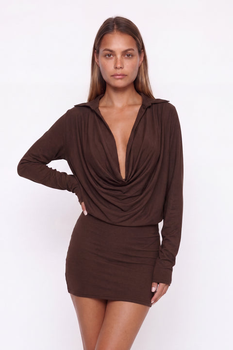 Cowl Neck Long Sleeve Mini Shirt Dress