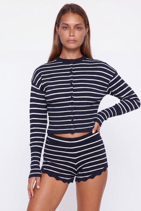 Striped Knit Cardigan and Scalloped Shorts Set
