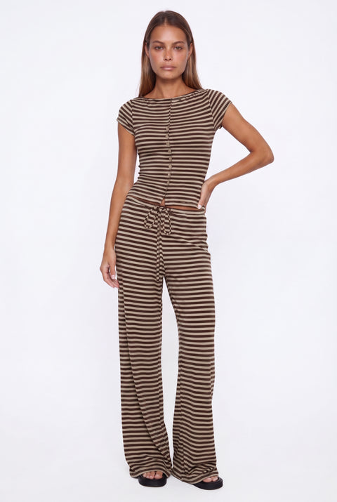 Brown Striped Button-Front Top and Wide-Leg Pants Set