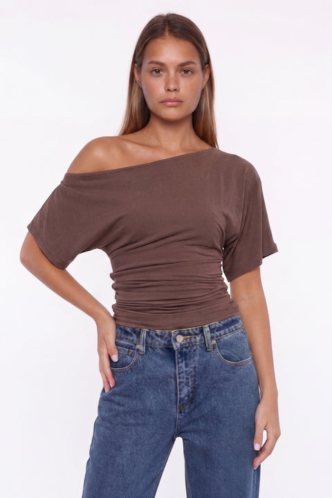 Off-The-Shoulder Ruched Short Sleeve Top