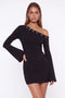 Sleek One-Shoulder Black Bodycon Dress with Bell Sleeves
