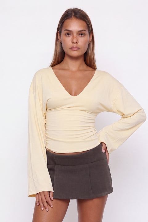 Butter Yellow Ruched V-Neck Top
