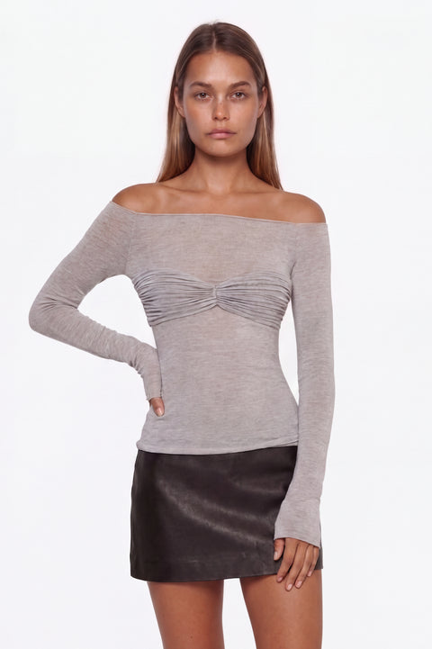Heather Grey Bardot Neckline Ruched Bust Top