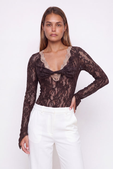 Lace Twist-Front Long Sleeve Bodysuit