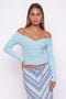 Light Blue Off-The-Shoulder Ribbed Knit Top
