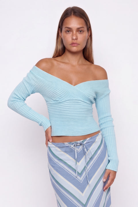 Light Blue Off-The-Shoulder Ribbed Knit Top