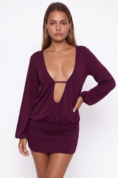 Deep V-Neck Ruched Long Sleeve Mini Dress
