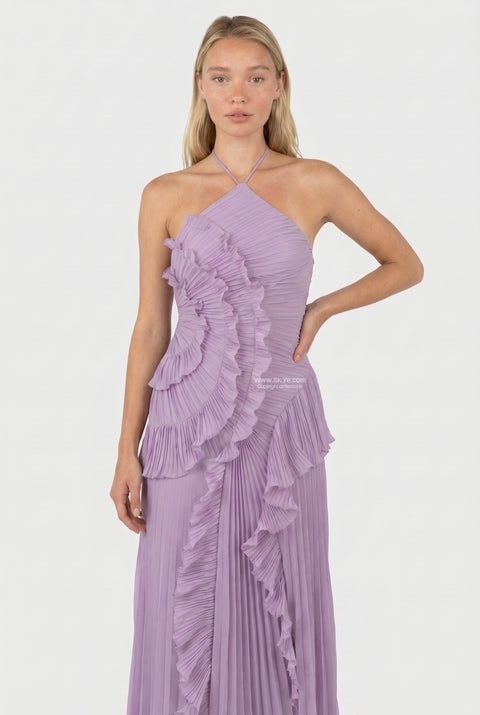 Lilac Ruffled Pleated Maxi Dress