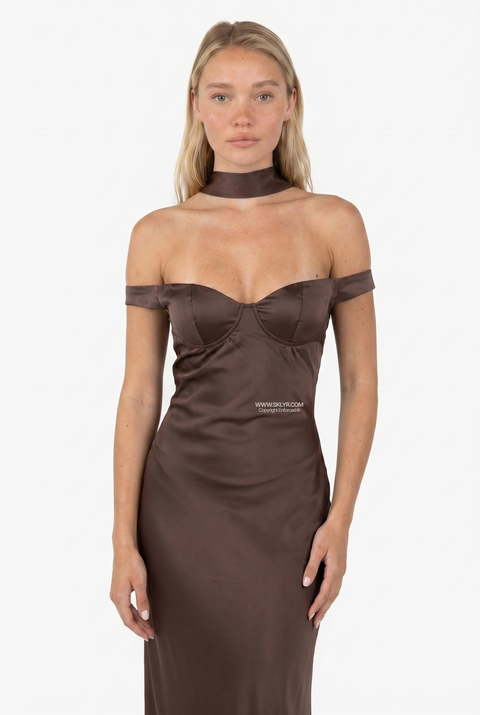 Brown Satin Open-Back Halter Maxi Dress