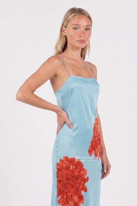 Light Blue Satin Floral Maxi Dress