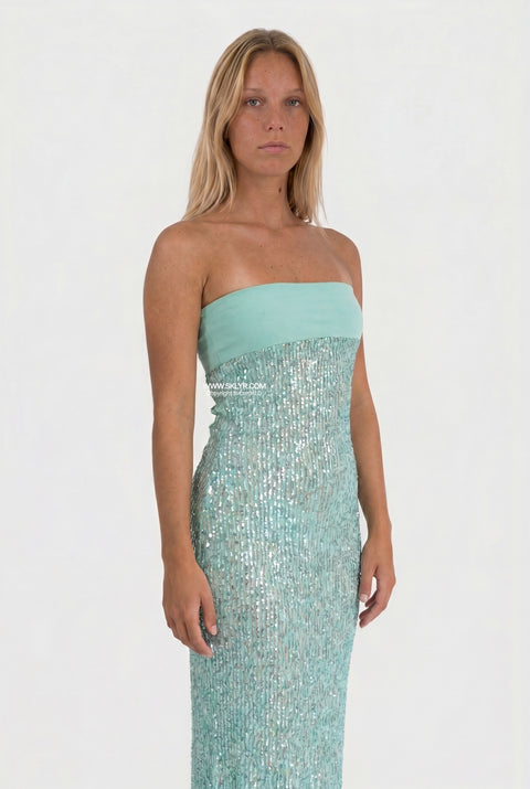 Mint Sequin Strapless Maxi Dress
