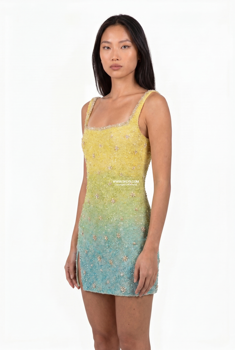 Yellow & Teal Ombre Embellished Mini Dress