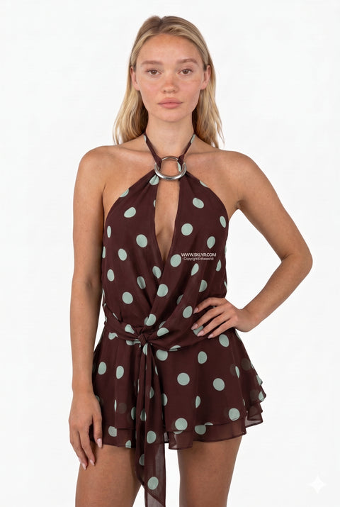 Chocolate Polka Dot Halter Mini Dress