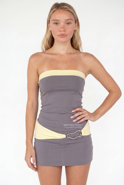 Grey and Yellow Contrast Trim Tube Mini Dress