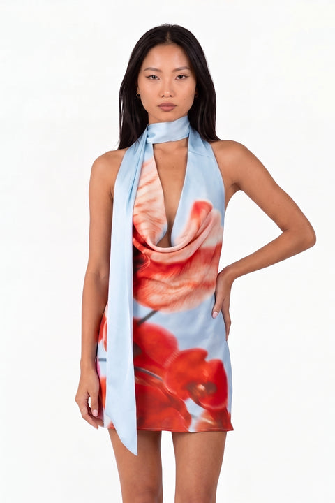 Light Blue Floral Halter Mini Dress