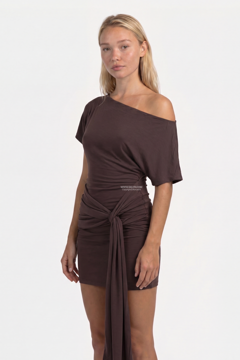 Brown Ruched Asymmetrical Draped Mini Dress