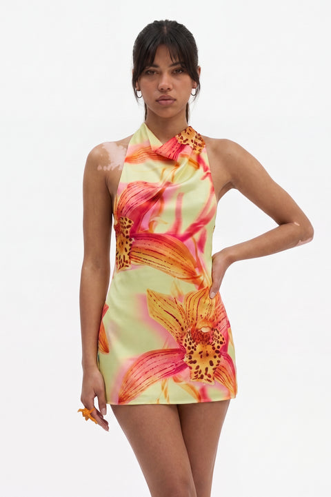 Tropical Floral Orchid Halter Mini Dress
