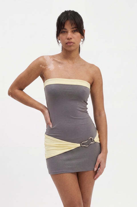 Grey and Yellow Color Block Strapless Mini Dress