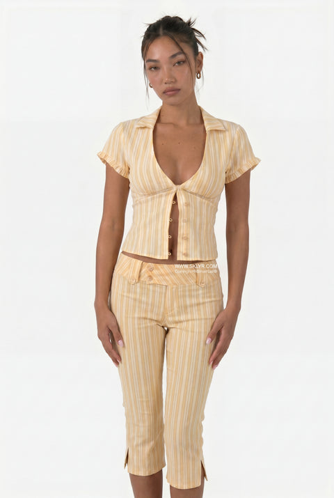 Yellow & White Striped Two-Piece Capri Set