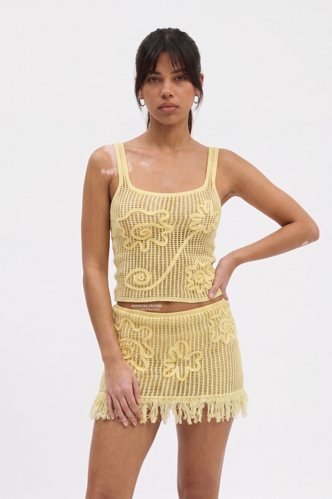 Yellow Fringed Crochet Swirl Two-Piece Set