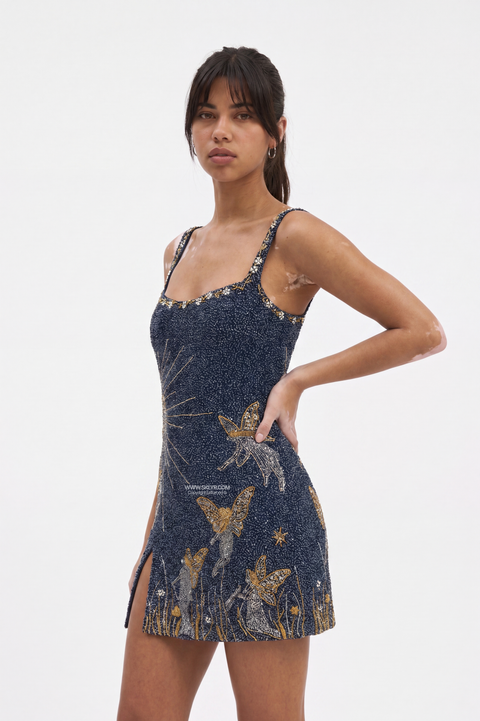 Navy Celestial Beaded Mini Dress