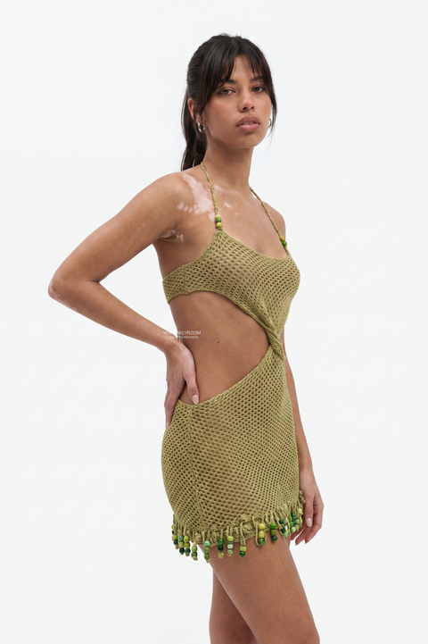 Olive Green Crochet Cut-Out Mini Dress