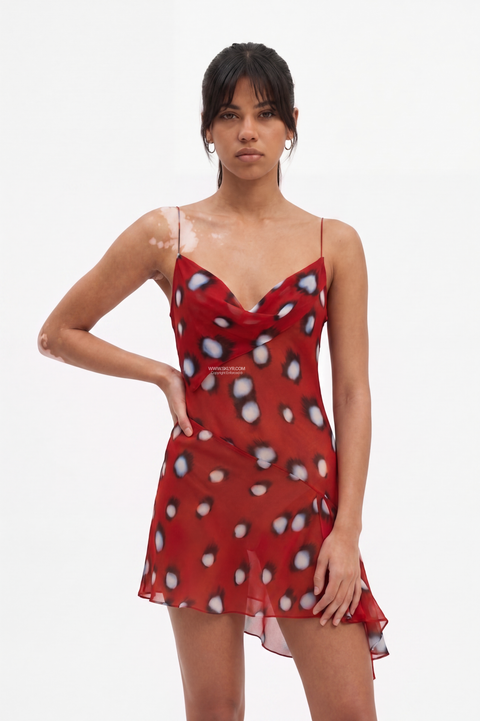 Red Abstract Spot Cowl Neck Mini Dress