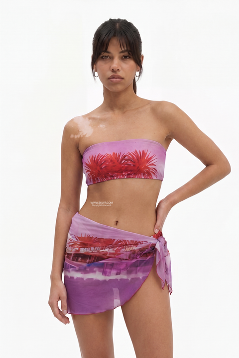 Pink Palm Print Tube Top and Tie-Side Pareo Skirt