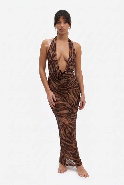 Brown Animal Print Halter Maxi Dress