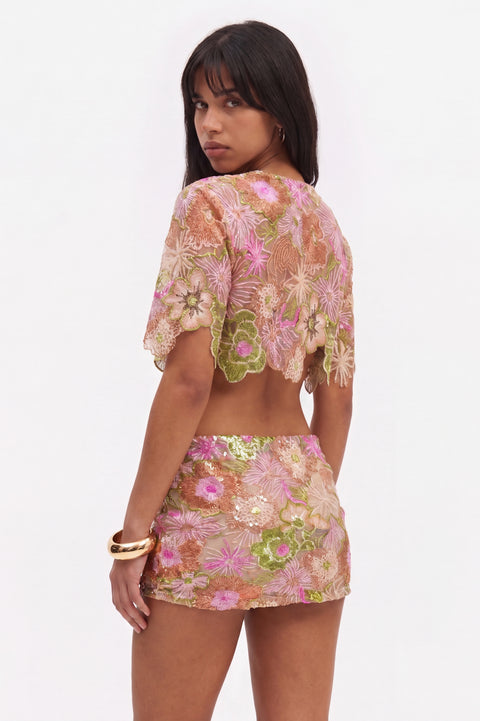 Floral Embroidered Mesh Crop Top and Mini Skirt Set