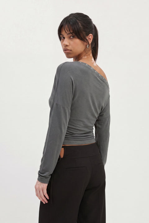 One-Shoulder Grommet Detail Long Sleeve Top