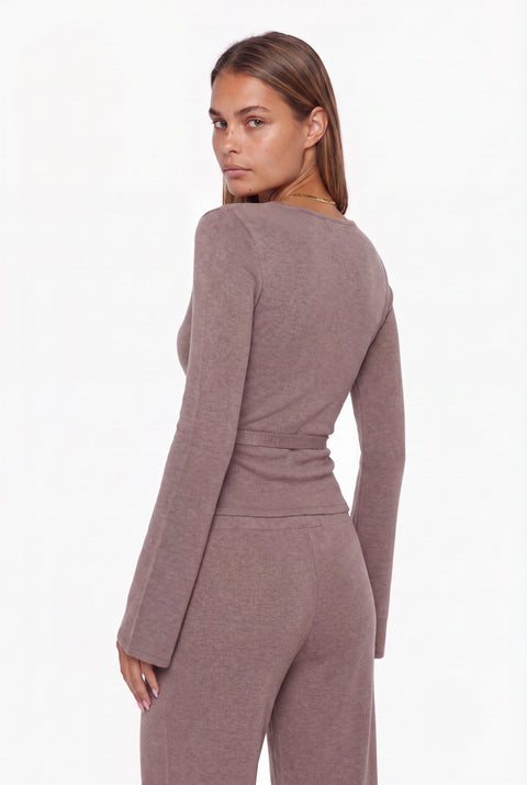 Ribbed Knit Wrap Top & Wide-Leg Pants Lounge Set