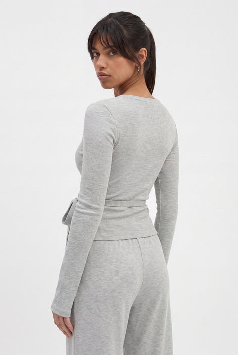 Ribbed Knit Wrap Top & Wide-Leg Pants Lounge Set