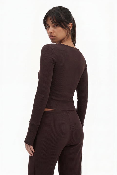 Ribbed Button-Up Top & Drawstring Wide-Leg Lounge Set