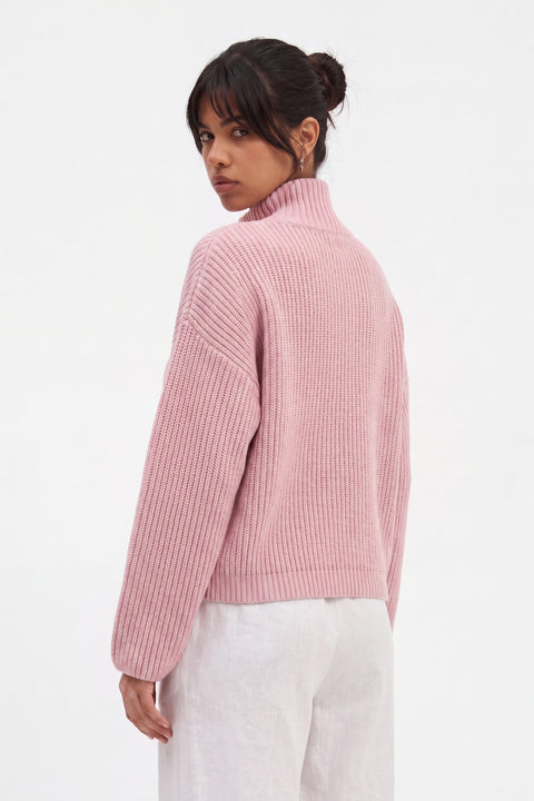 Ribbed Knit Full-Zip High-Neck Cardigan