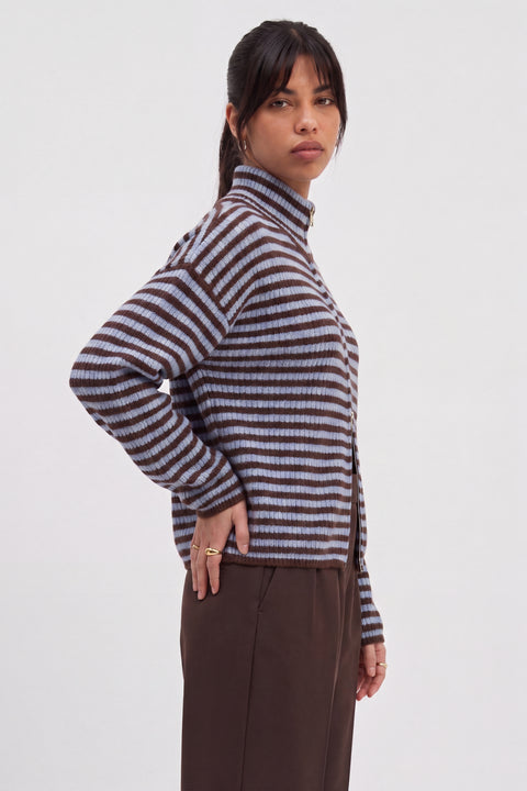 Ribbed Knit Full-Zip High-Neck Cardigan
