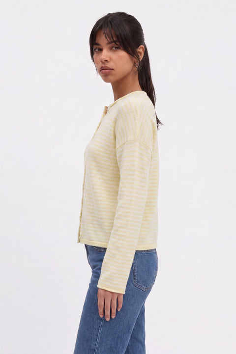 Striped Knit Button-Front Crewneck Cardigan
