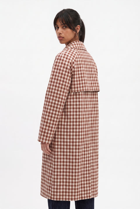 Brown and White Gingham Longline Trench Coat