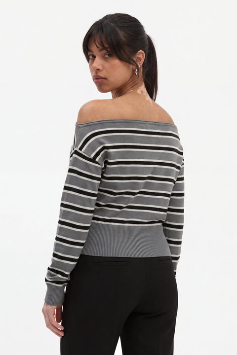 Multicolor Striped Off-the-Shoulder Knit Sweater