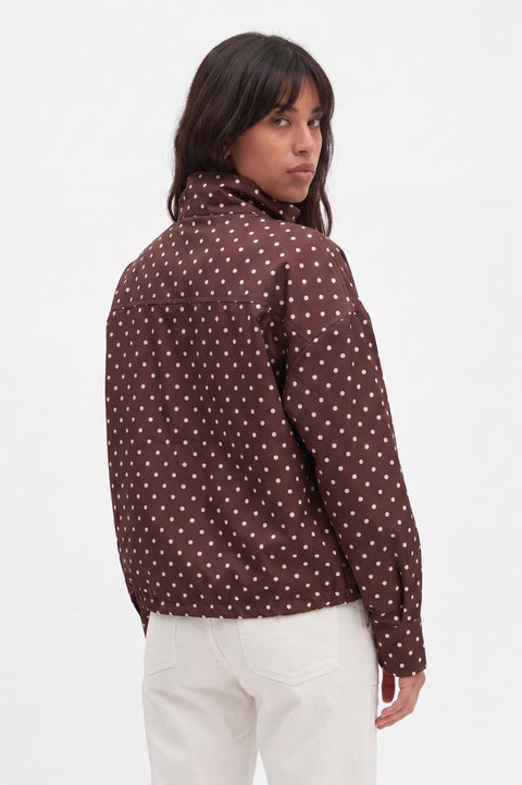 Brown Polka-Dot Stand-Collar Funnel Neck Jacket
