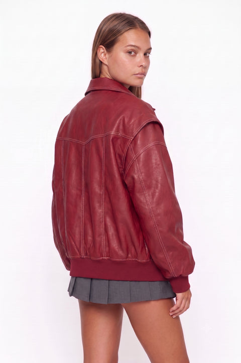 Oversized Crimson Contrast-Stitch Bomber Jacket