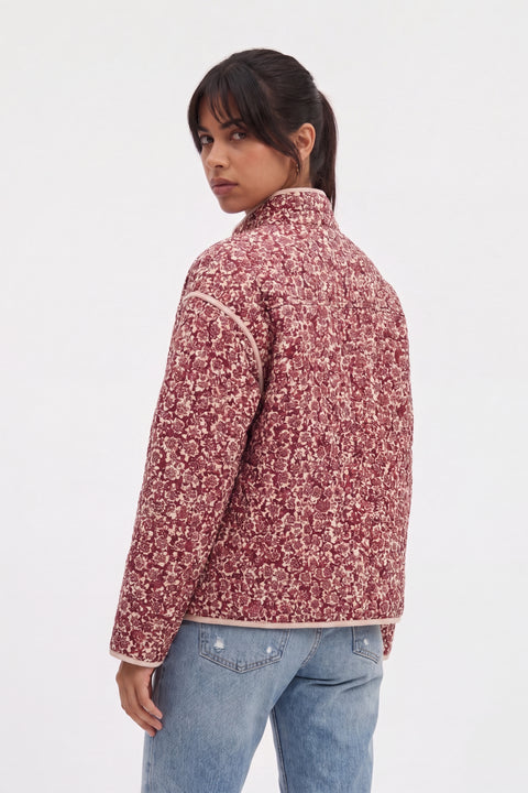 Quilted Floral Print Jacket with Contrast Piping
