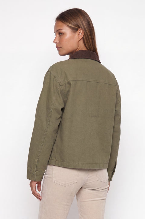 Corduroy-Collared Olive Work Jacket