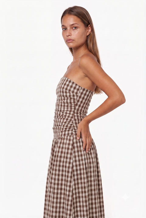 Brown Gingham Strapless Maxi Dress