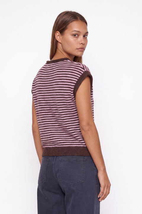 Striped Cashmere-Blend Sleeveless Cardigan - Mauve & Dark Brown